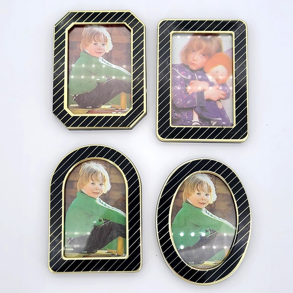 Set of 4 VTG 90s Mini Metal, Plastic, Glass Photo Frames Gold Black 3.5" x 2.5"